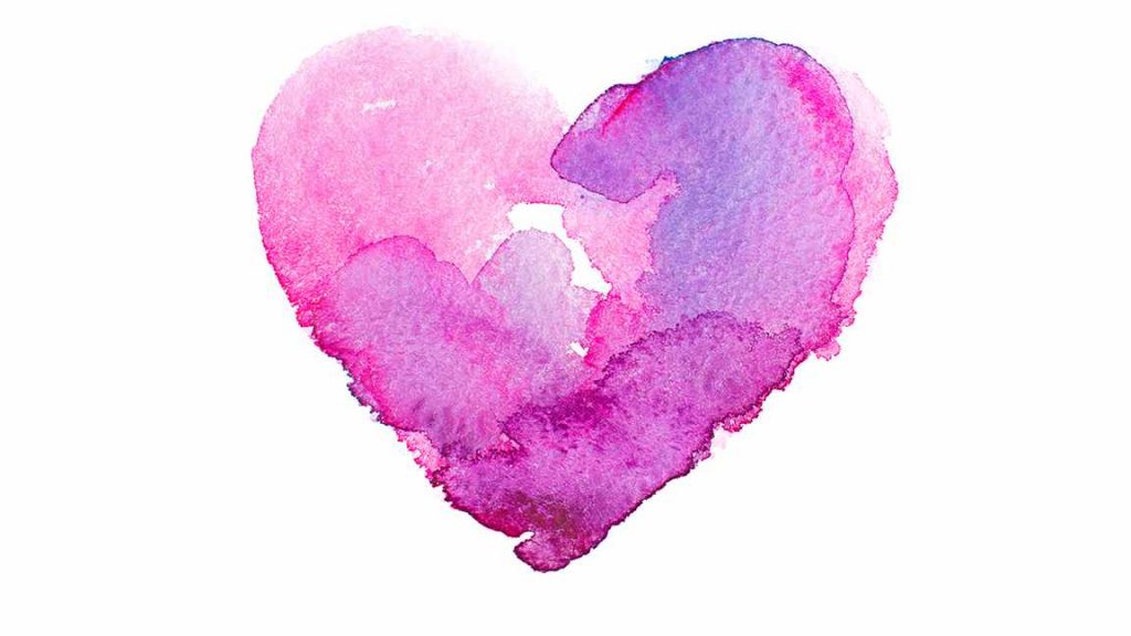 Un gráfico de acuarela de un corazón en rosas y púrpuras
