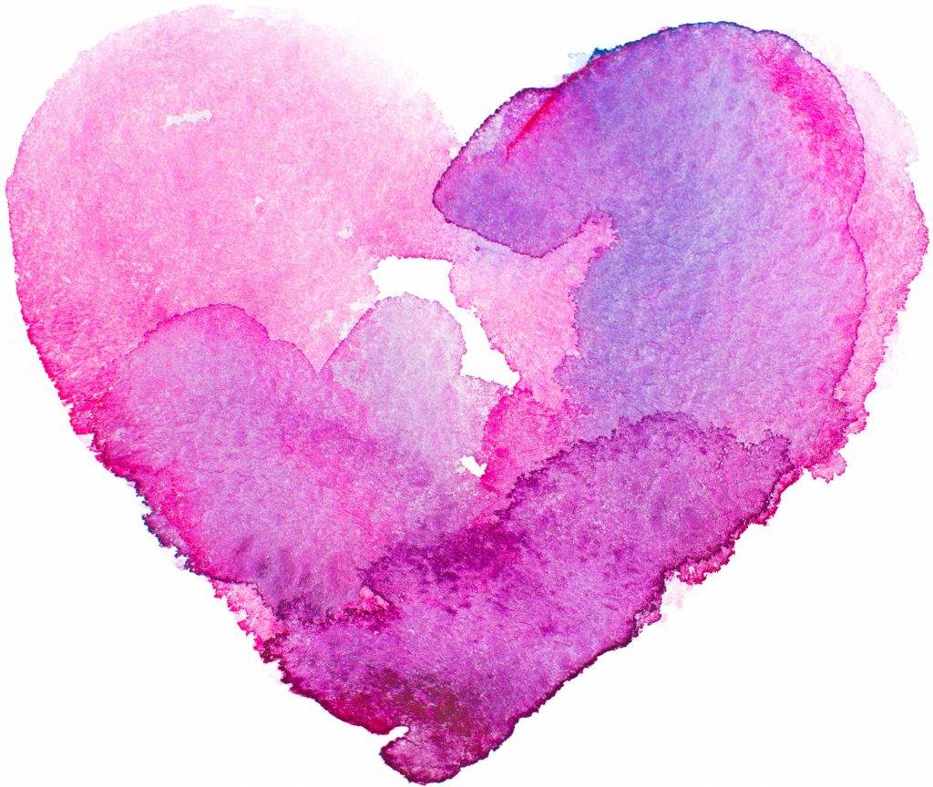 a watercolor graphic of a heart in pinks and purples