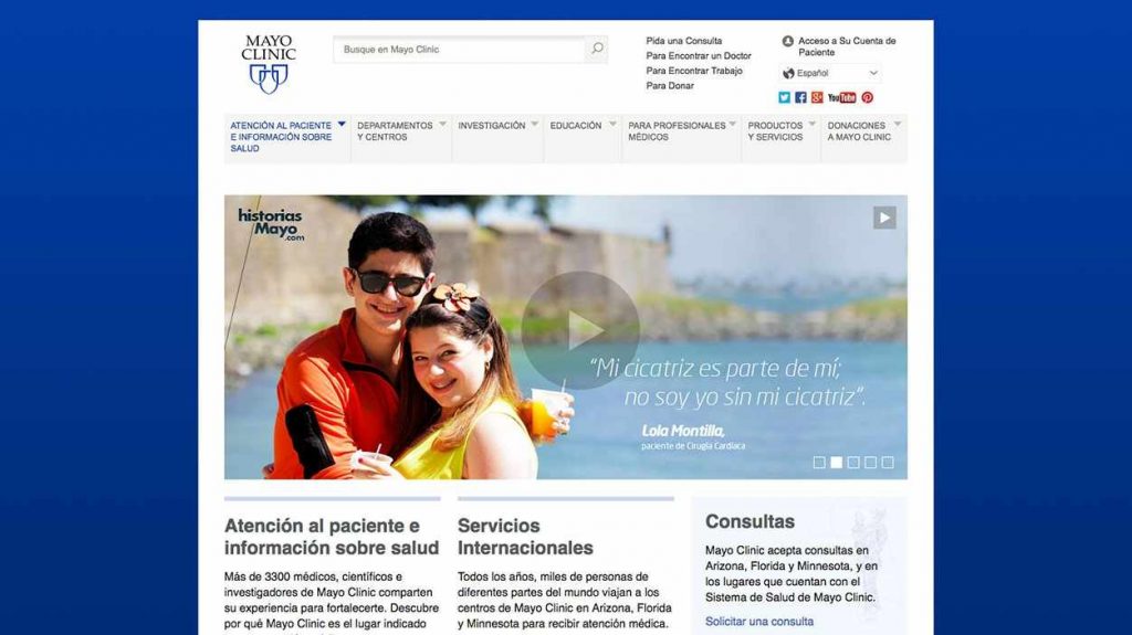 Captura de pantalla del sitio web de Mayo Clinic en español