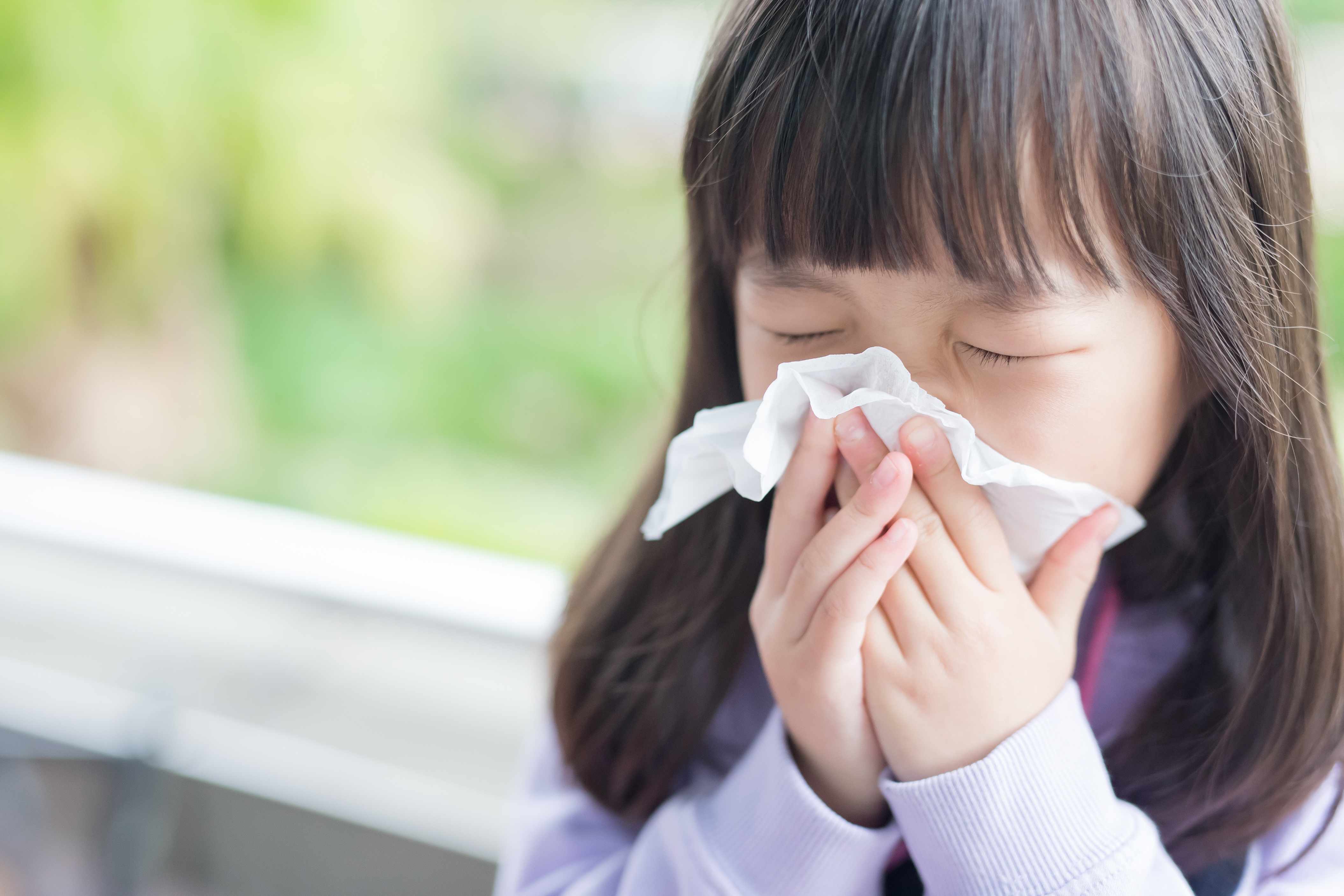 a little girl with a cold or sneezing blowing her nose into a tissue