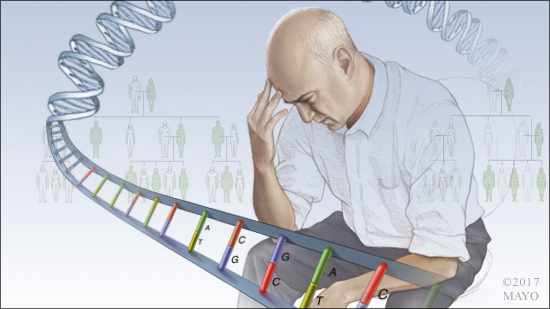 a medical illustration of a worried or depressed man surrounded by a strand of DNA and a family tree