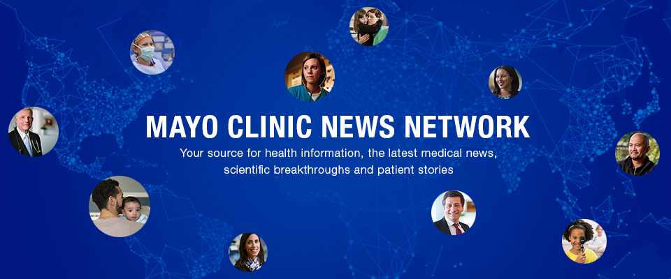 Mayo Clinic News Network logo with blue image of the world and circle figures of people's faces scattered across the banner