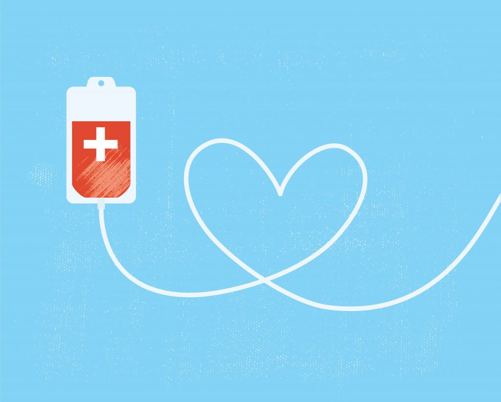 a graphic illustration of a bag of donated blood, with the tubing forming a valentine heart