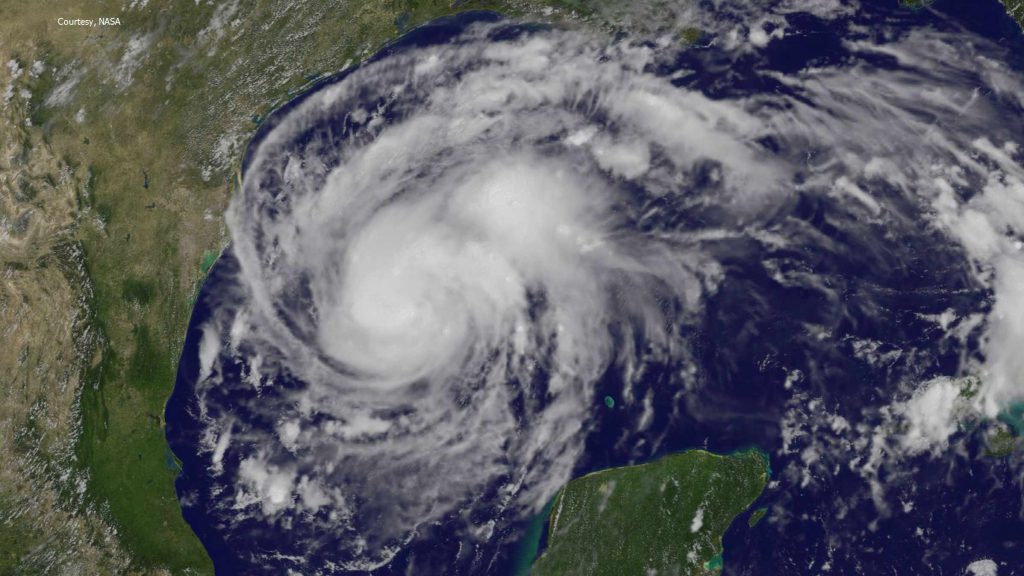 NASA satellite image of Hurricane Harvey approaching the Texas gulf coast.