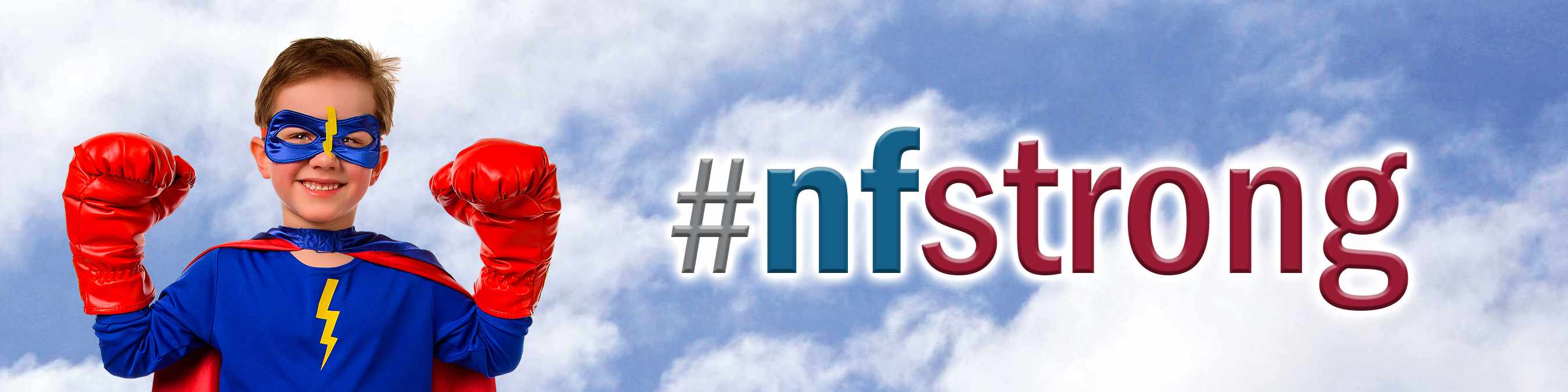 Logo banner with a little boy in a super hero costume for Neurofibromatosis (NF) 
