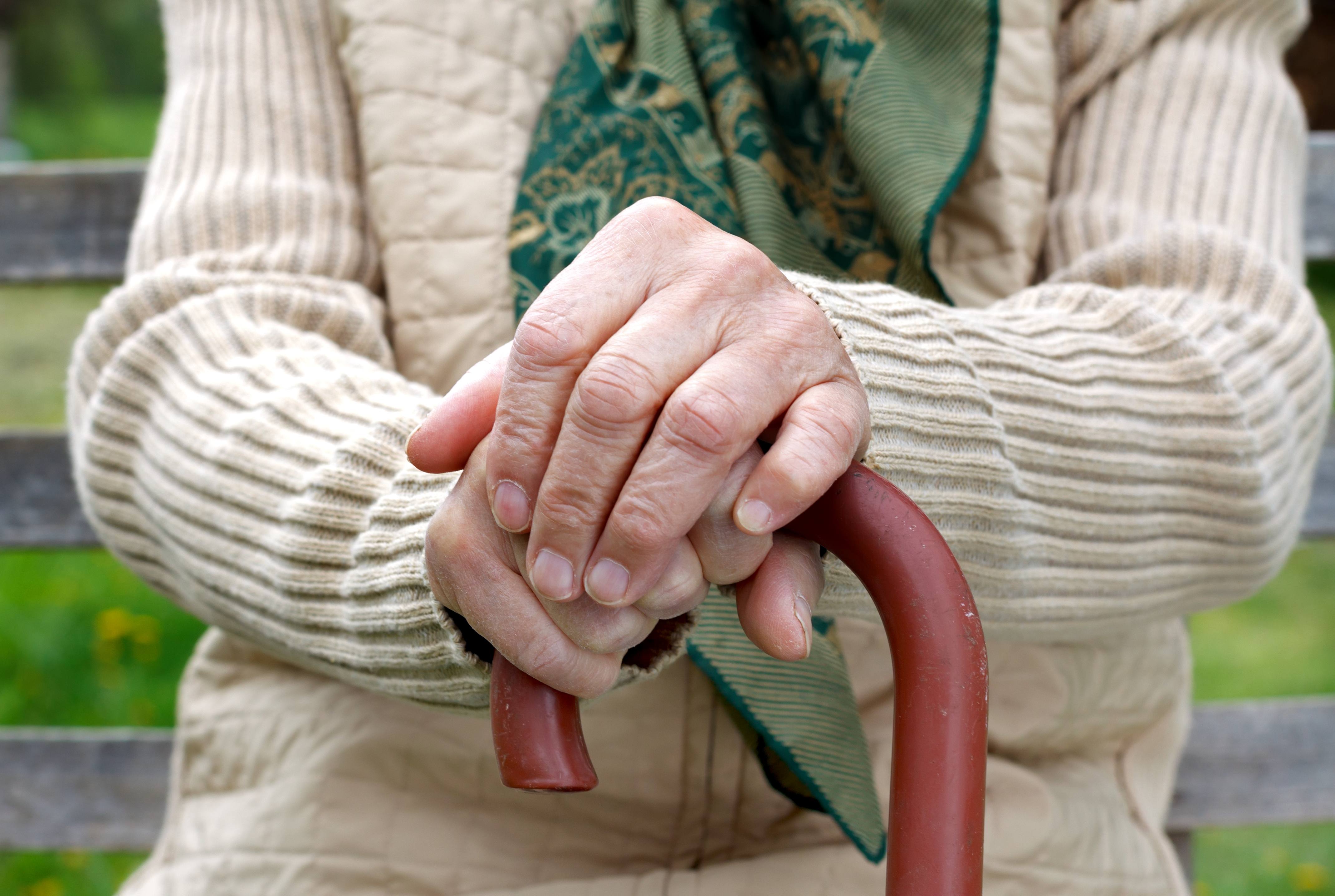 elderly person's hands with a cane