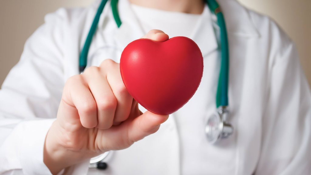 Un corazón de plástico rojo en la mano de una médica