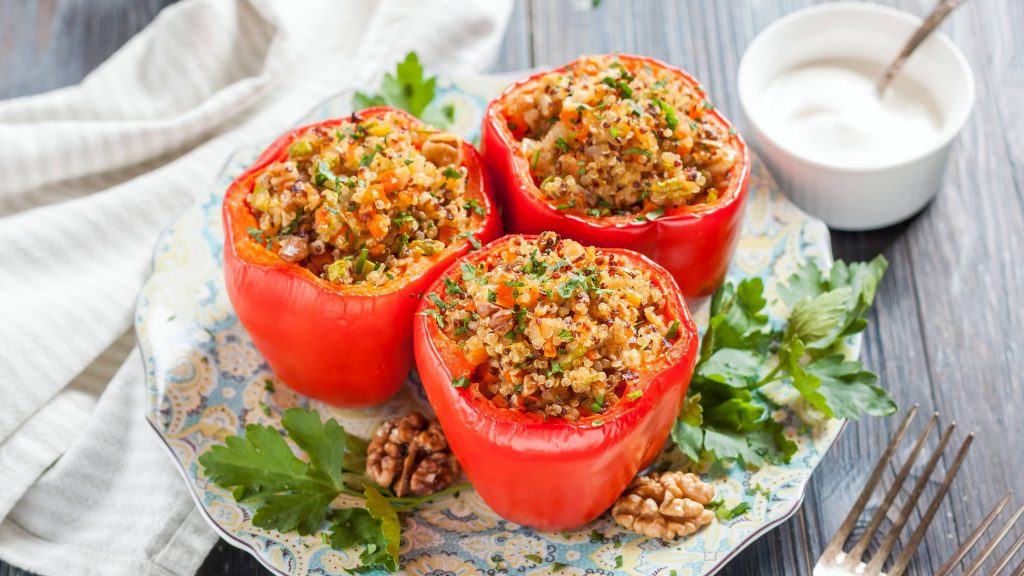 healthy vegetables, small stuffed peppers with quinoa and walnuts, good carbs