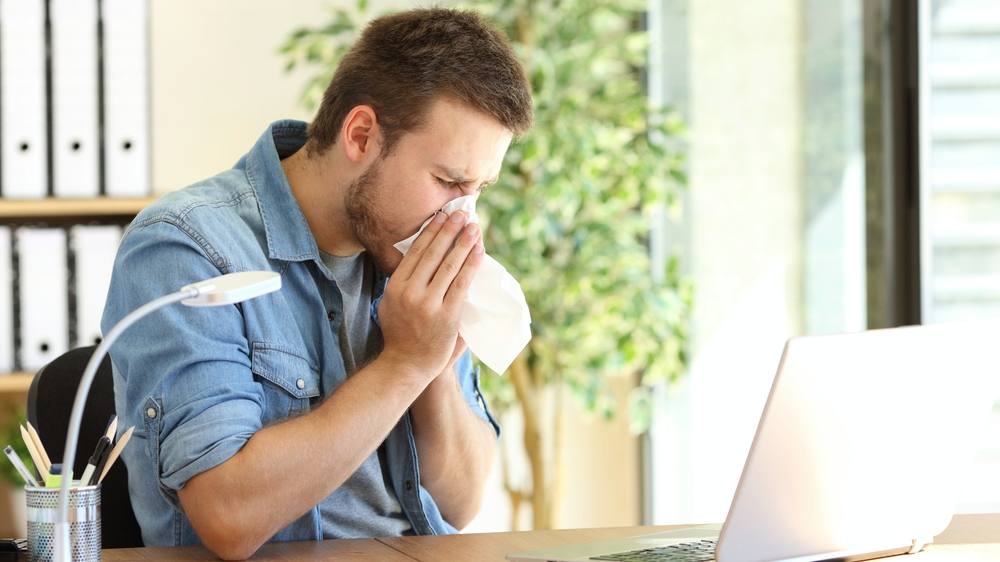 a young man sitting at his desk with a computer and holding a tissue kleenex over his nose because of a cold or sneezing, maybe allergies