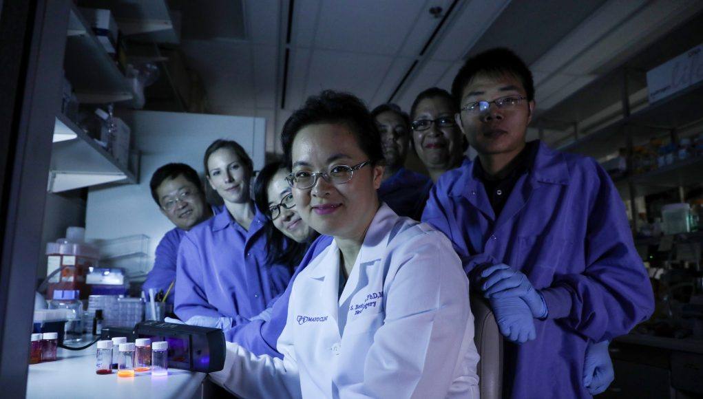 graduate student Christina von Roemeling in the lab with her colleagues and research team