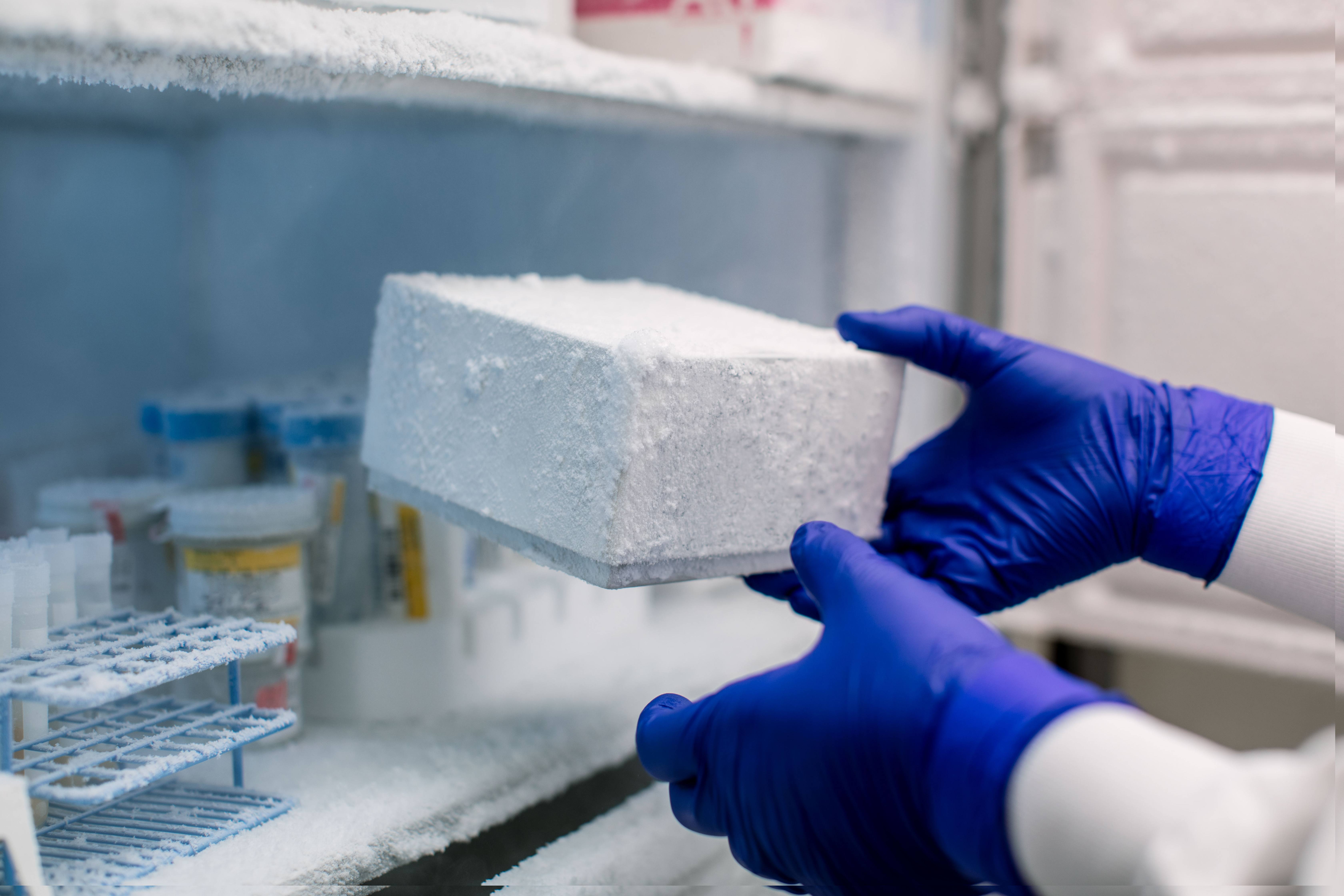 Research technologist removing frozen lab specimens from freezer