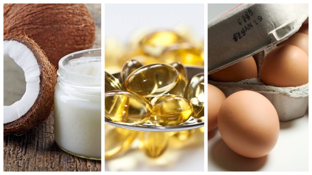 a collage of coconut oil, omega-3 supplements and eggs, depicting heart-healthy diet myths
