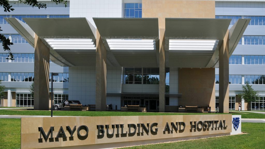 Closeup of Mayo Building and Hospital sign on the Mayo Clinic Florida campus