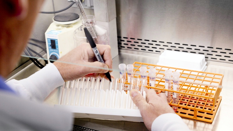 a investigadores que marcan tubos de ensayo en un laboratorio de investigación de vacunas de Mayo Clinic
