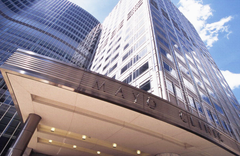 Mayo Clinic Gonda Building entrance with blue sky in the background