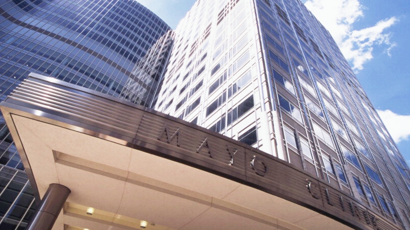 Mayo Clinic Gonda Building entrance with blue sky in the background