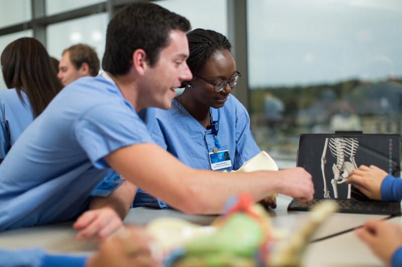 students dressed in blue scrubs viewing skeleton on laptop