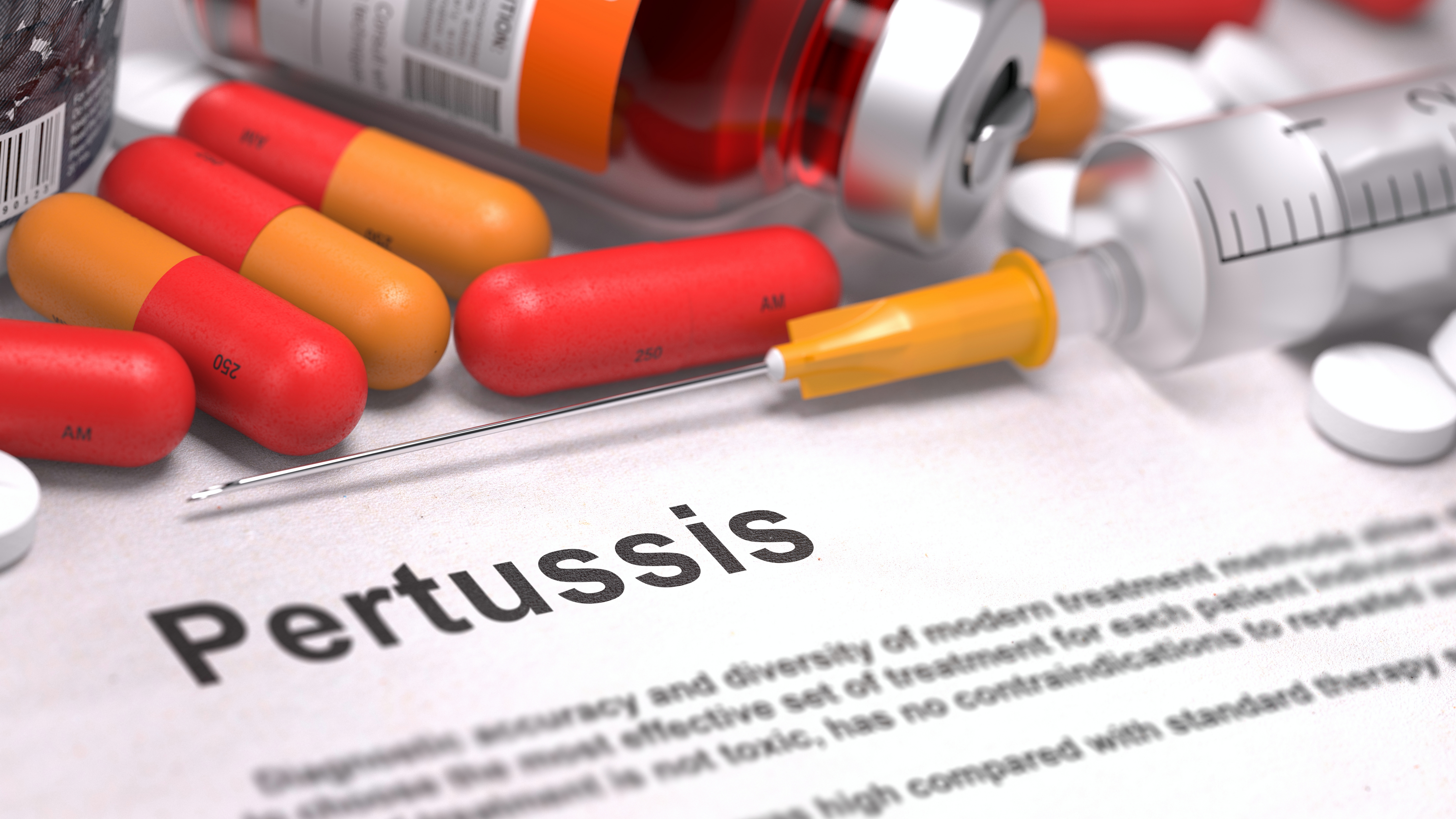 Pertussis - Printed Diagnosis with Red Pills, Injections and Syringe. 