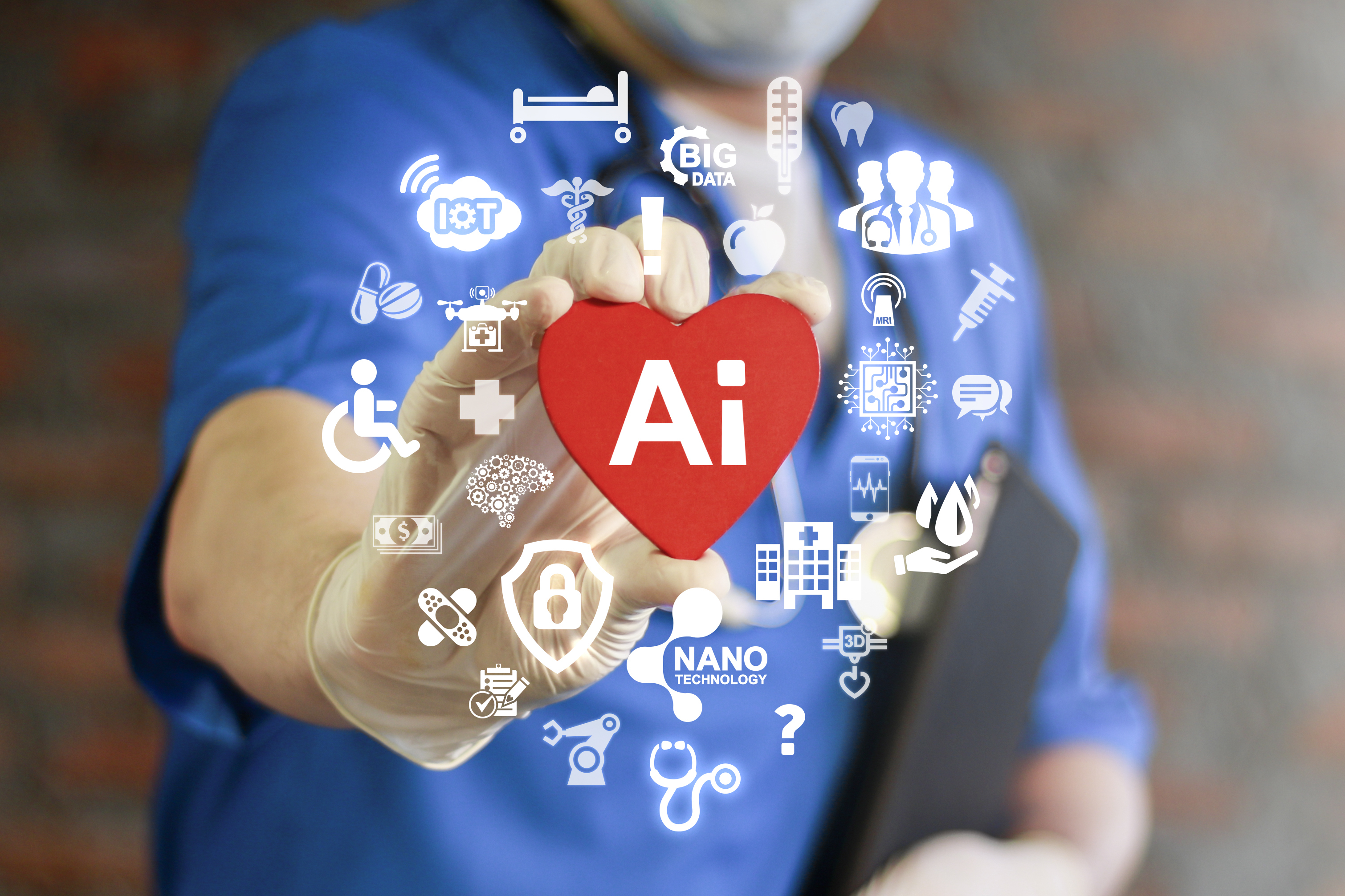 physician or medical staff person holding a heart symbol with Artificial Intelligence icon and other icons representing futuristic technology in medicine