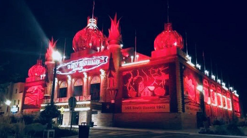 the Corn Palace in Mitchell, South Dakota, glowing red in honor of In the Loop patient Kadie Neuharth