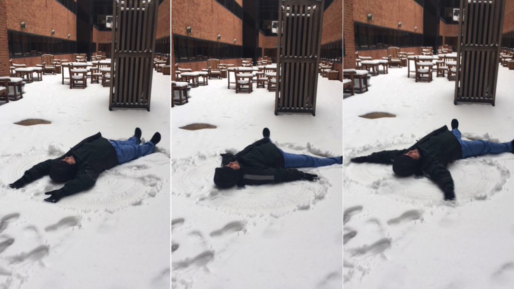 In the Loop patient care assistant Kirby Rosenberg making a snow angel
