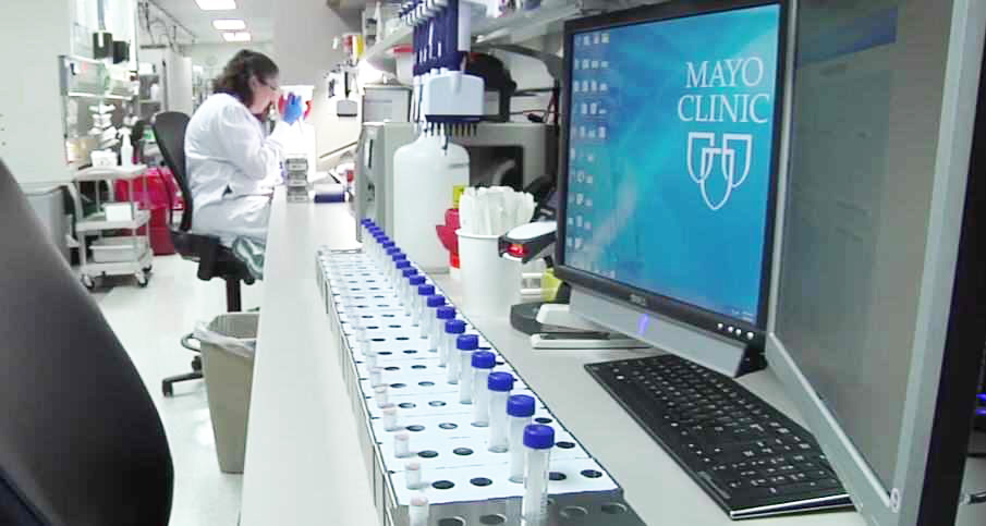 biobank medical research lab with Mayo Clinic shields in computer monitor