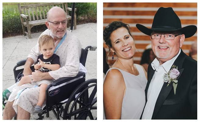 two pictures of Florida lung transplant patient Harold Winsett in a wheelchair holding a grandchild and in a wedding picture with his wife