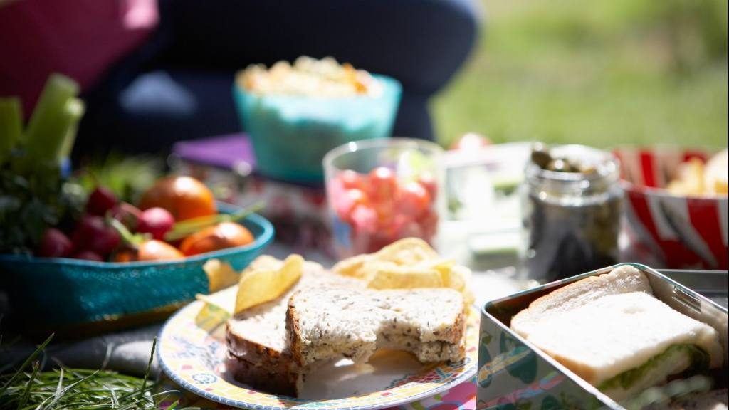 Un picnic en la hierba con sándwiches, papas fritas, frutas y verduras sobre una manta.