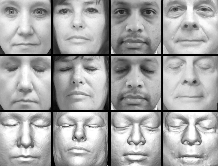 photographs of four participants and corresponding reconstructions of their faces created from their research MRI scans