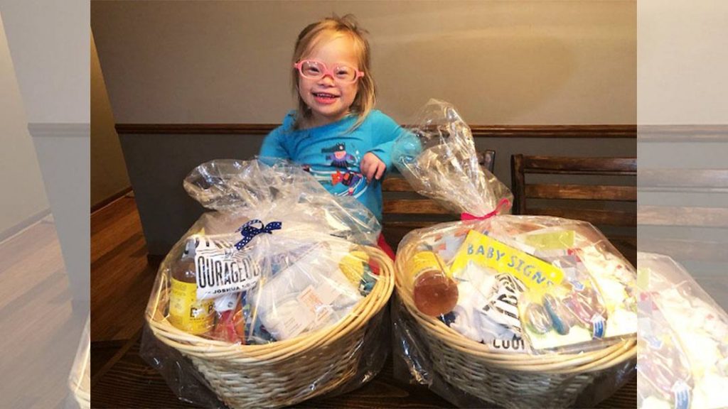 In the Loop patient Gillian Kunkel with two Jack's Baskets gift baskets