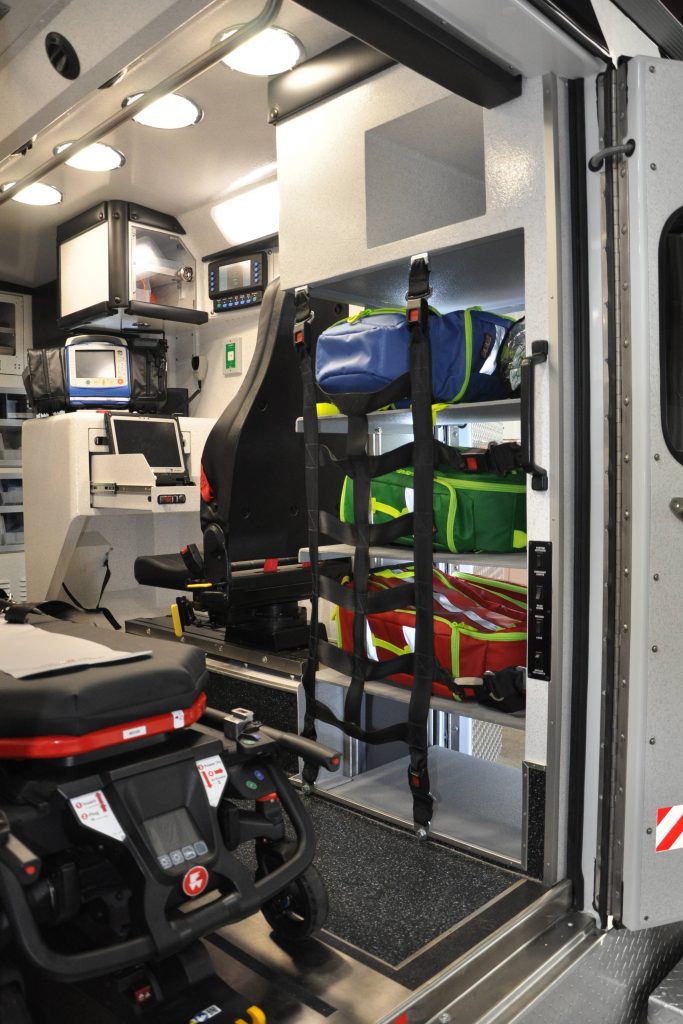 Equipment storage inside the back of a redesigned ambulance