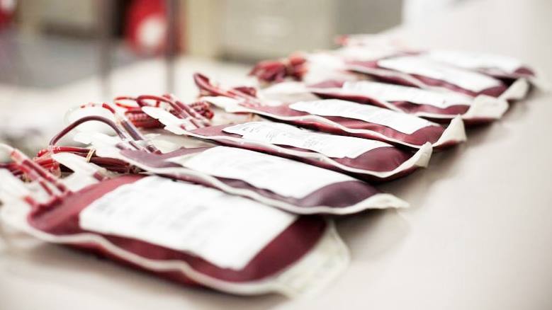 several sterile bags of donated blood placed on a table next to each other