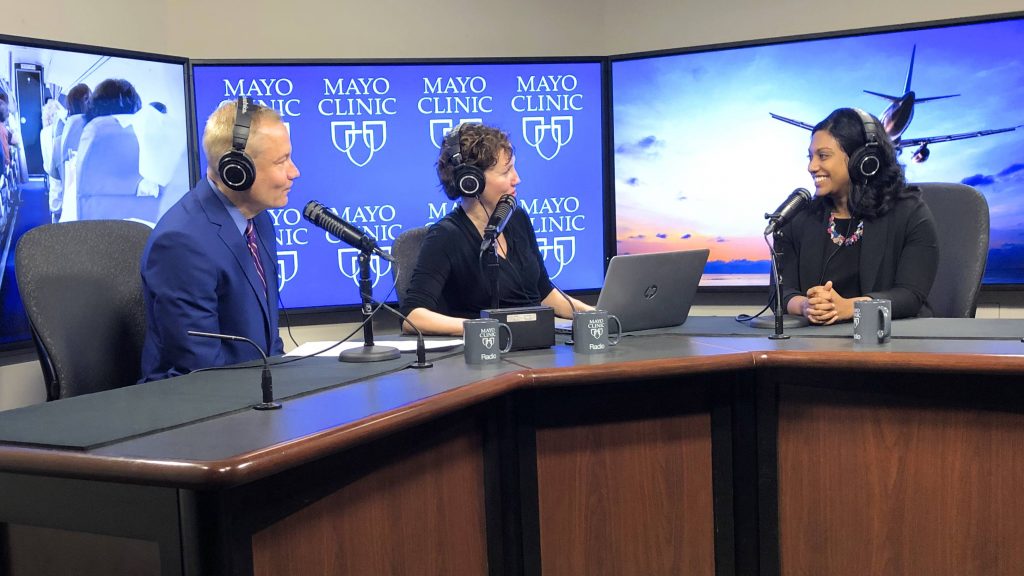 Dr. Nipunie Rajapakse being interviewed by Dr. Tom Shives and Tracy McCray in the Mayo Clinic Radio Studio