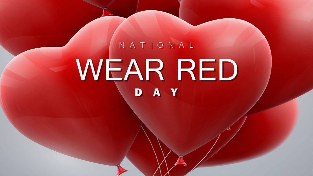 a group of red heart balloons with the words 'National Wear Red Day'
