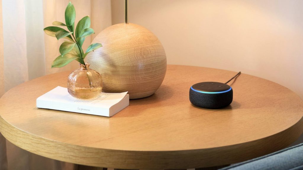 an Amazon Alexa Echo Dot placed on a side table with a lamp, a book and a green leafed sprig in a vase