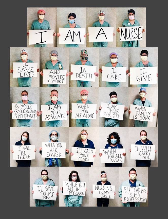 collage of several photos, of Mayo Clinic Arizona nurses in scrubs and facemasks holding signs with caring messages