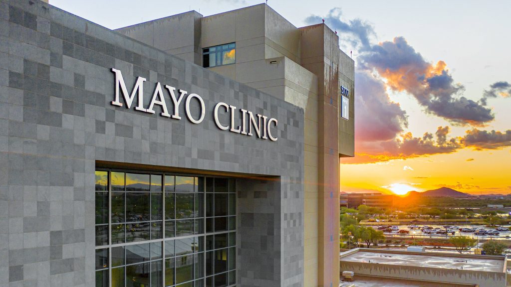 Mayo Clinic Arizona building with sunset or sunrise in the background
