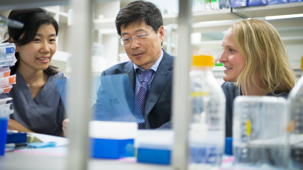 Dr. Guojun Bu y colegas en el laboratorio de investigación