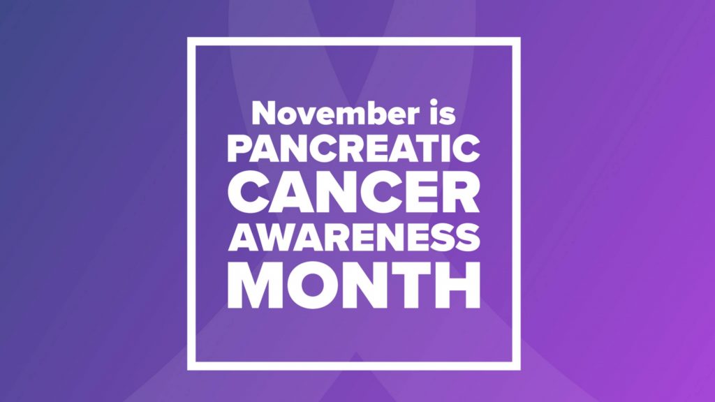 a purple and white graphic with written information that November is Pancreatic Cancer Awareness Month