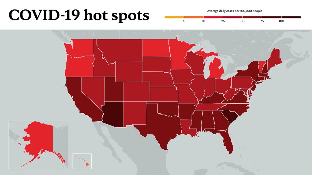Feb. 1, 2021- Mayo Clinic COVID-19 trending map using red color tones for hot spots
