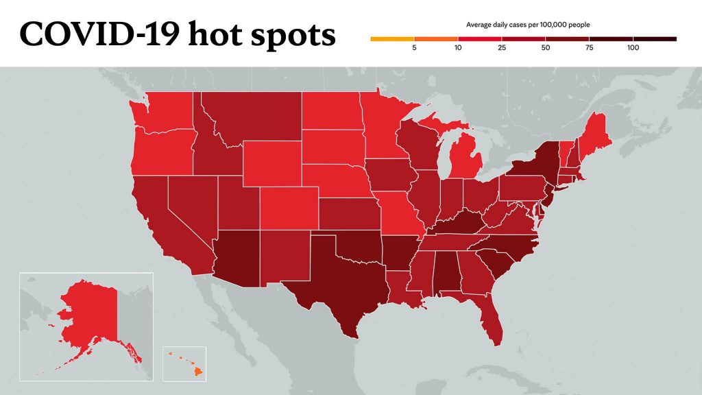 Feb. 4, 2021- Mayo Clinic COVID-19 trending map using red color tones for hot spots