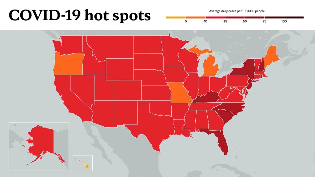 Feb. 24, 2021- Mayo Clinic COVID-19 trending map using red color tones for hot spots