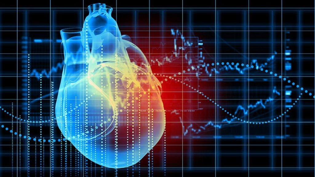 a futuristic 3D graphic image of a heart EKG, perhaps representing AI artificial intelligence