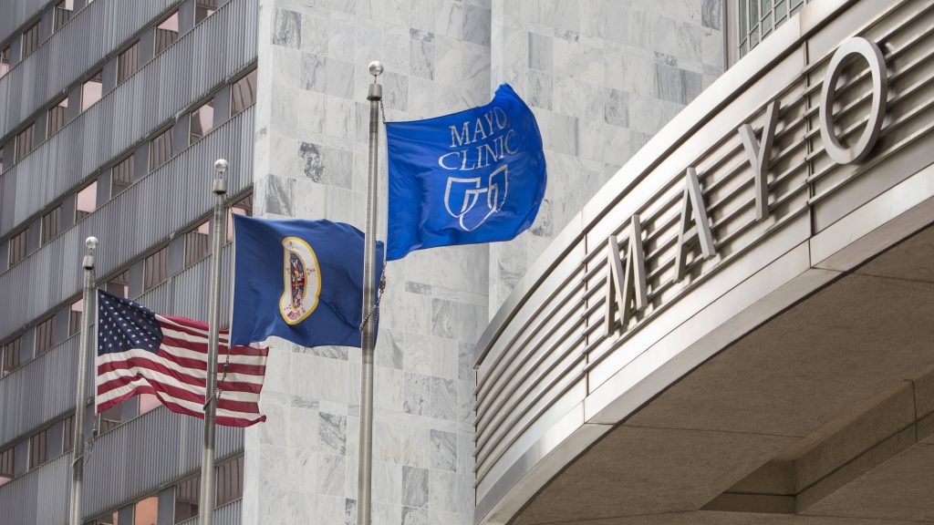 Mayo Clinic Minnesota - Gonda building with flags