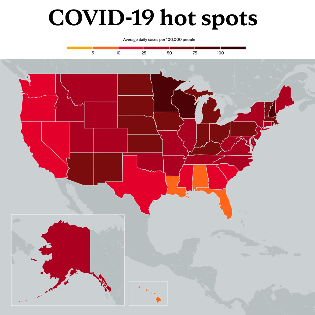 Dec. 19, 2021 - Mayo Clinic COVID-19 trending map using red color tones for hot spots