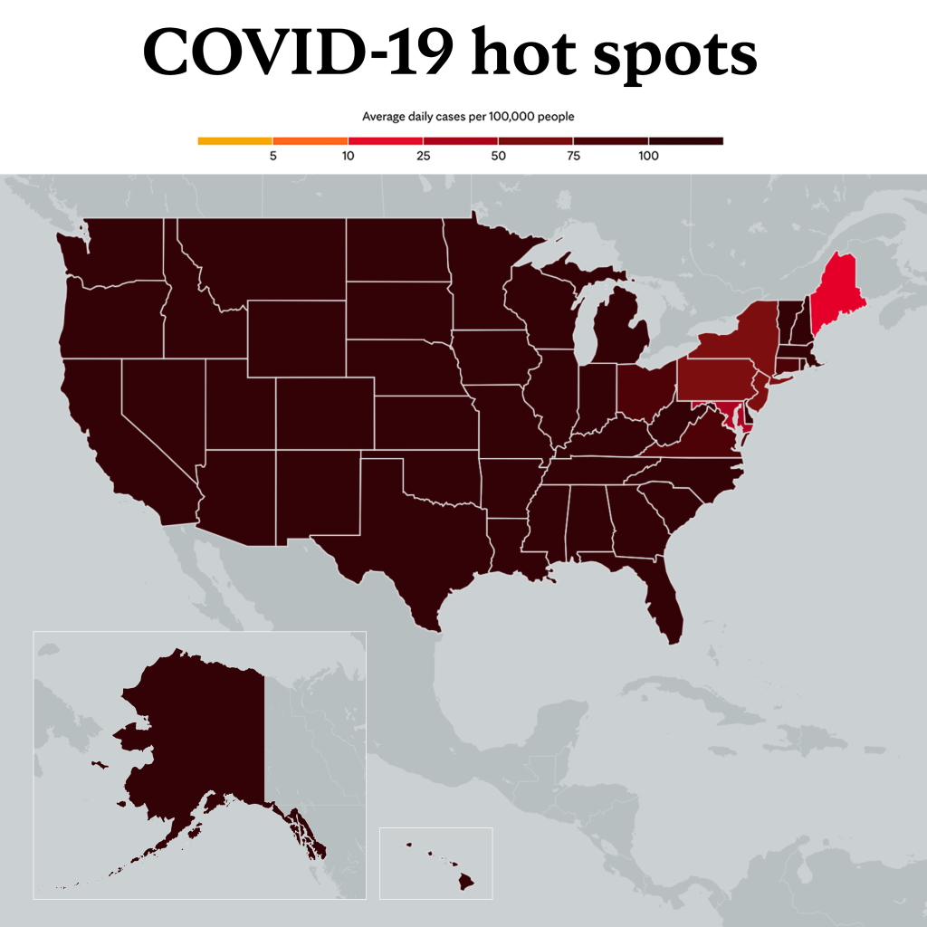 Jan. 27, 2022 - Mayo Clinic COVID-19 trending map using red color tones for hot spots