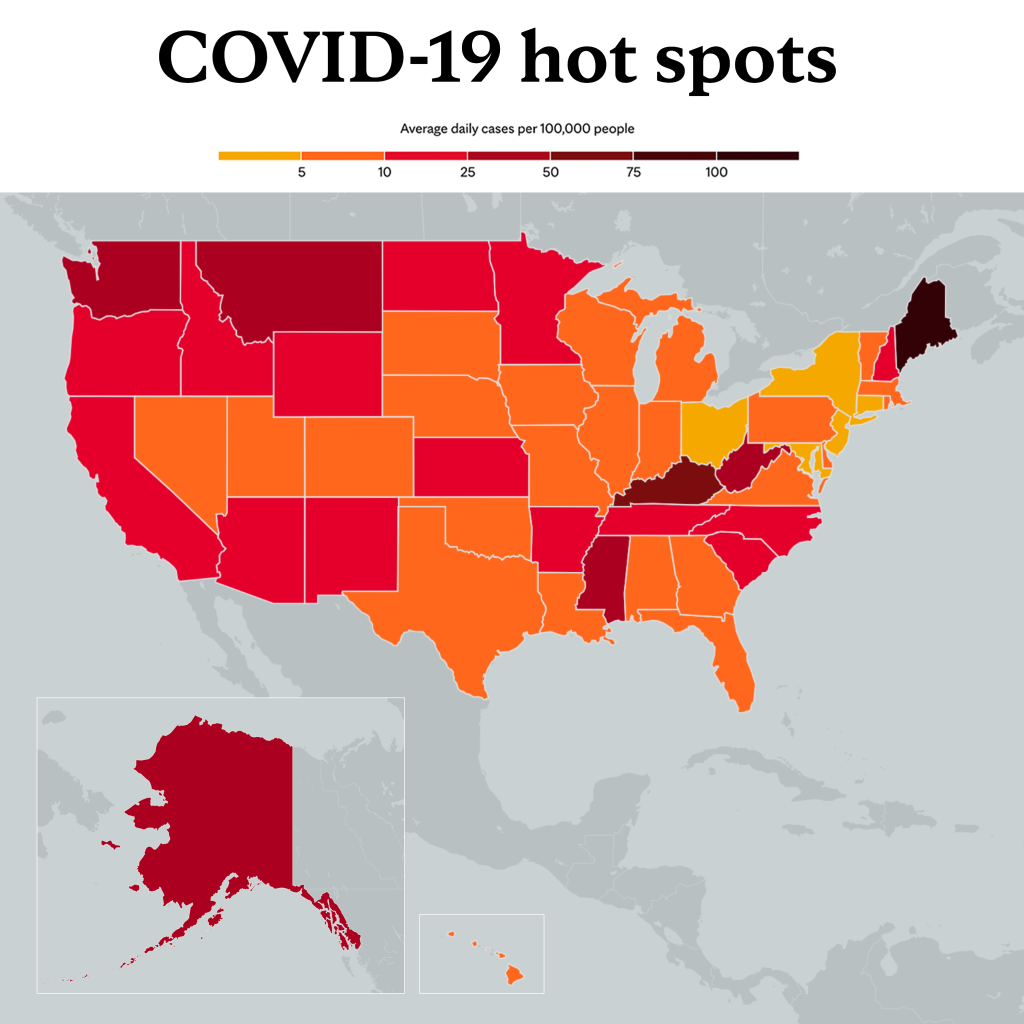 Feb. 17, 2022 - Mayo Clinic COVID-19 trending map using red color tones for hot spots