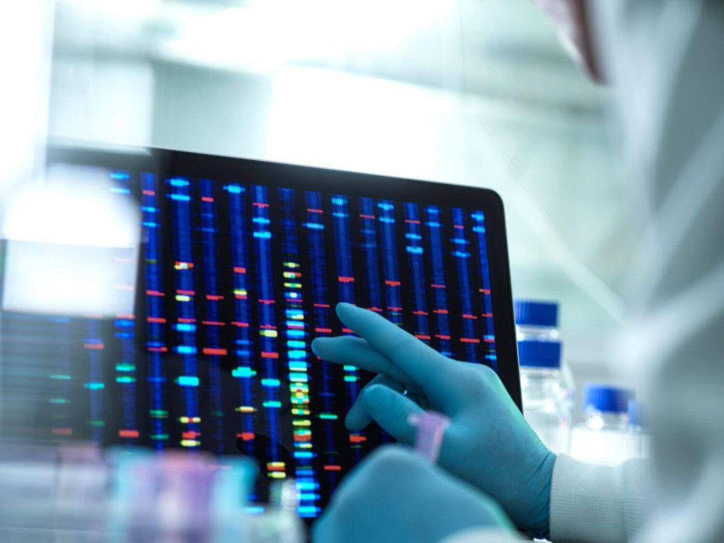 Scientist examining DNA results on a screen during an experiment in the laboratory