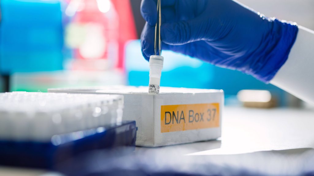 close-up of a lab worker's hand in a blue glove, handling a DNA specimen