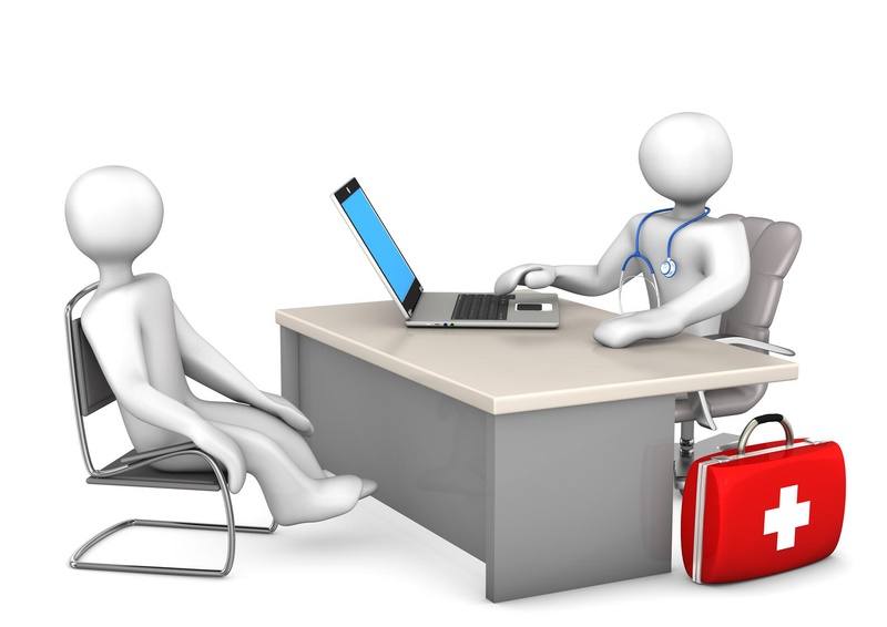 graphic of a patient and health care provider with a laptop